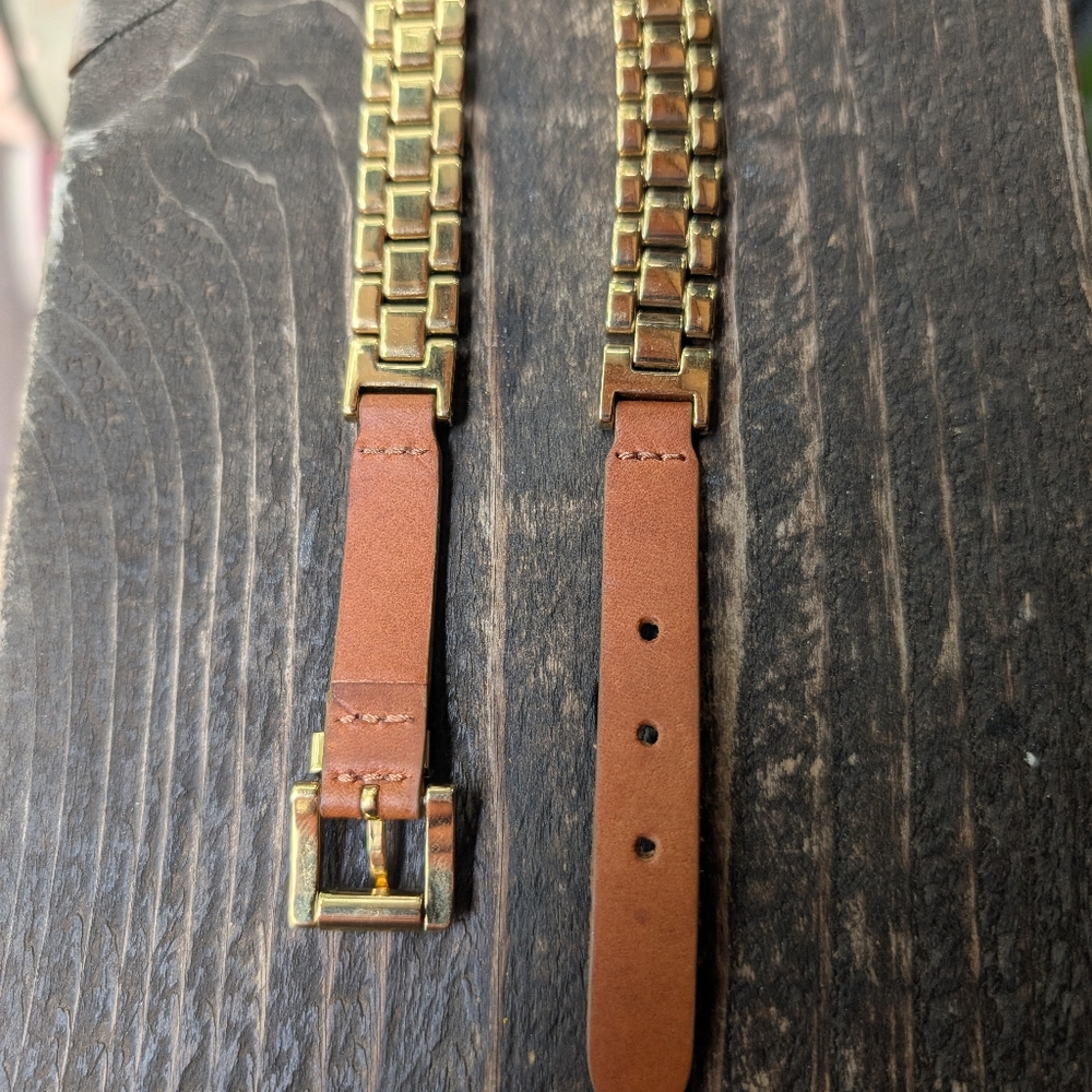 Michael Kors Long Square Link Chain Yellow Gold Tone Metal Thick 3D Leather - Picture 7 of 10